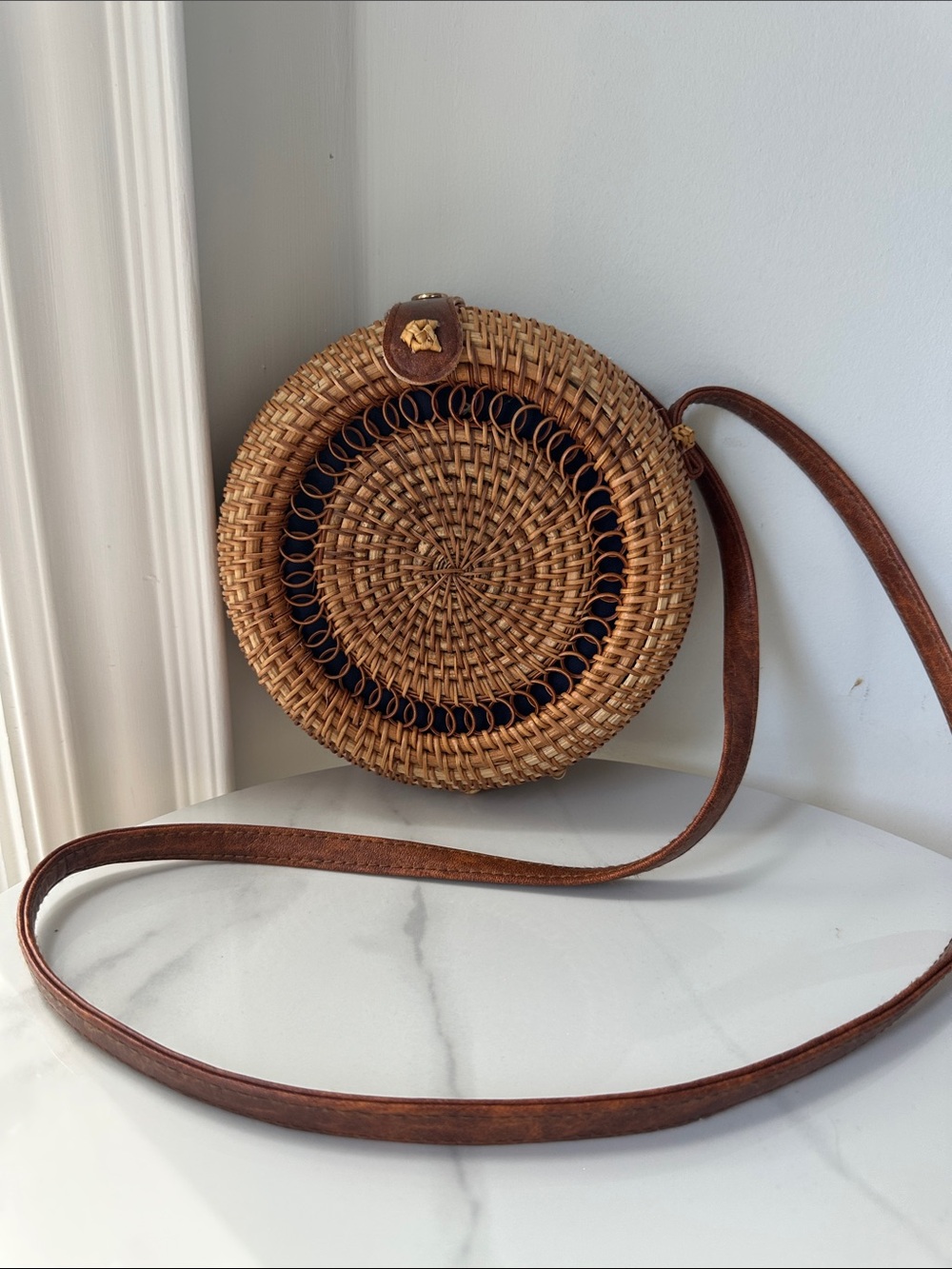Handmade Round Rattan Woven Crossbody Shoulder Bag Purse Brown Tan